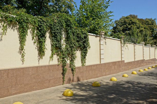 路边有一排长长的棕色混凝土篱笆，里面长着绿色的植被图片下载