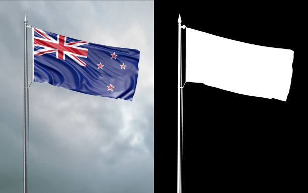 3D插画：新西兰国旗在旗杆上迎风飘扬，多云天空背景，带Alpha通道图片下载