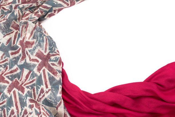 织物的装饰性悬垂框架。女人的围巾红色的图案是英国国旗。图片下载