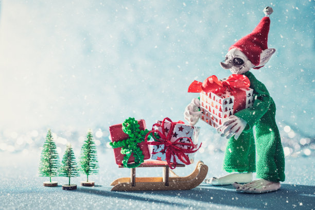 可爱的圣诞老人助手精灵装载圣诞礼物到圣诞老人的雪橇上。北极圣诞场景。圣诞老人车间。精灵在起作用。图片下载