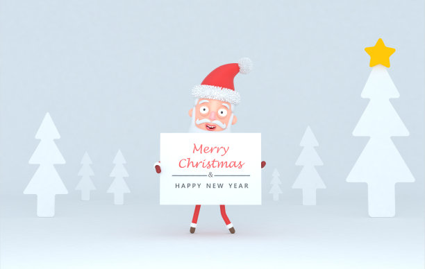 圣诞老人举着一个标语牌，上面写着祝福在树白色的场景。图片下载