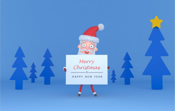 圣诞老人举着一张写着问候的海报，在蓝色的树上。图片下载