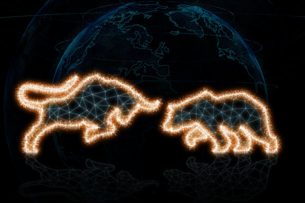 多边形公牛和熊的形状写的线和点与闪耀的风格在粒子的大地黑色背景，交易和金融投资的概念图片下载