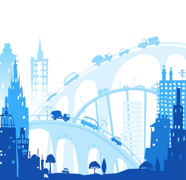 城市道路上有交通繁忙的桥梁、交通枢纽。城市背景图片下载