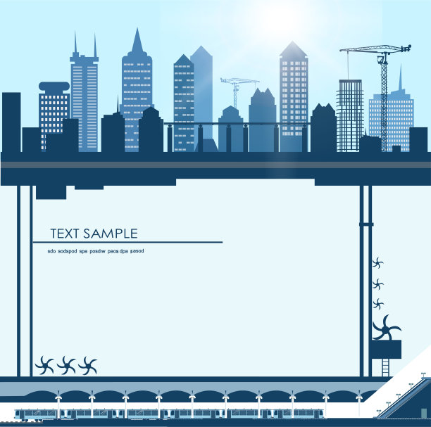 现代化的城市，有摩天大楼，起重机和地铁站台和车厢图片下载