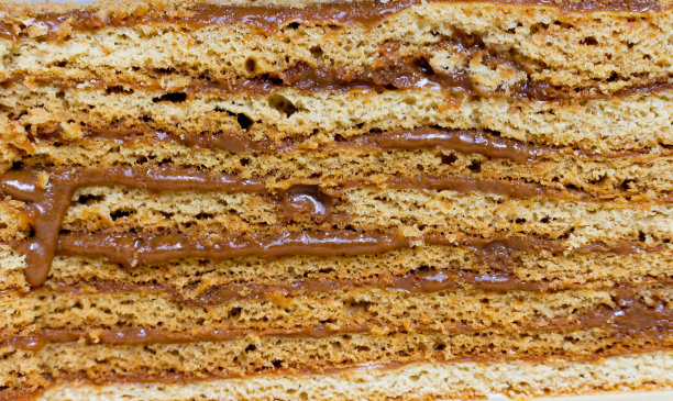 甜蜜的自制蜂蜜蛋糕与炼乳奶油流出(横截面)。特写照片。选择的重点图片下载