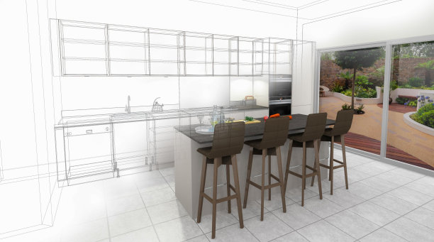 定制厨房设计绘图和刷在照片组合。图片下载