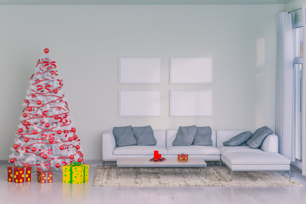 斯堪的纳维亚家庭中的圣诞树和礼物图片下载