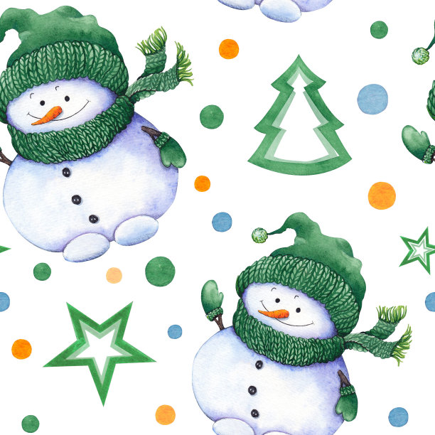 无缝图案的小雪人戴着绿色的针织帽子、围巾和手套。图片下载