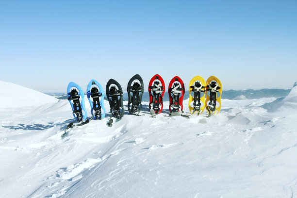 雪鞋立在雪地里，映衬着群山。图片下载