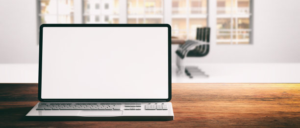 空白屏幕的笔记本电脑，木桌，模糊的办公背景，3d插图图片下载