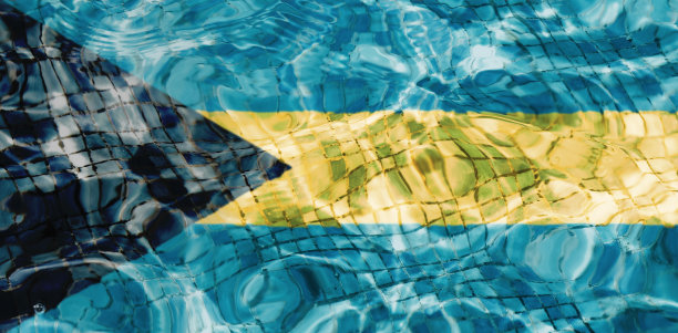 巴哈马国旗的纹理在水池、水中。图片下载