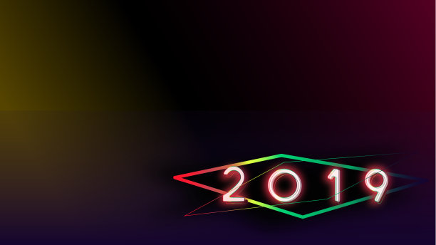 2019年新年快乐视觉彩色霓虹灯发光的文字和数字与模糊梯度的背景插图图片下载