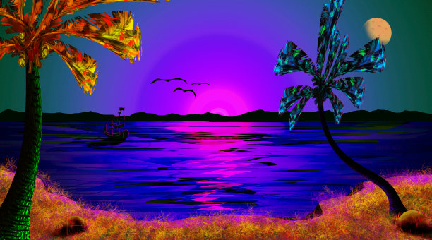 美丽的热带日落，夜空，大海景观墙纸设计图片下载