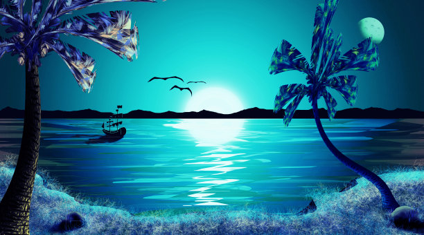 美丽的热带日落，夜空，大海景观墙纸设计图片下载