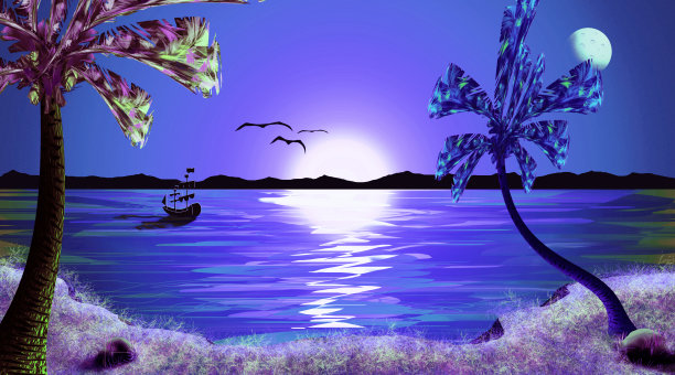 美丽的热带日落，夜空，大海景观墙纸设计图片下载