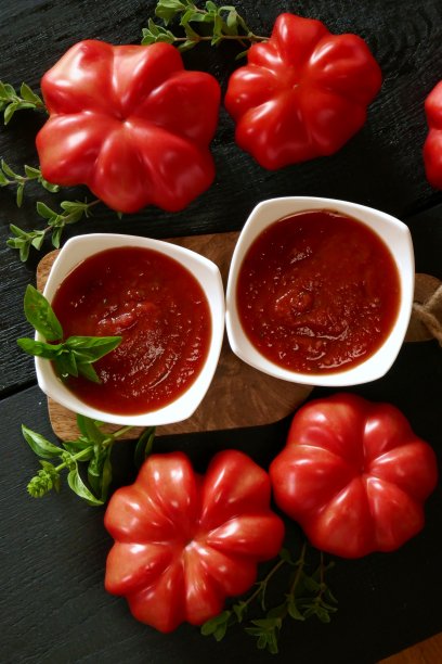 番茄酱。番茄酱的配方。自制的蕃茄酱和大熟蕃茄，配上黑色的木片背景图片下载