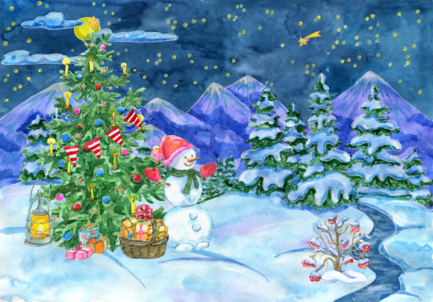 圣诞和新年贺卡装饰冷杉树，雪人，礼物和冬季森林图片下载