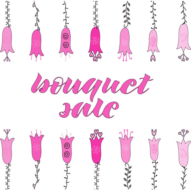 花束出售手写字体。手绘花和叶涂鸦。淡粉色花和深粉红色花。图片下载