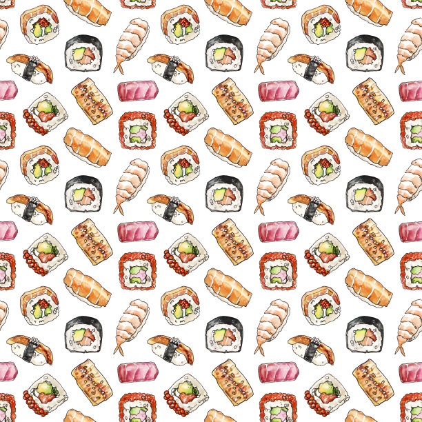 水彩手绘亚洲美食寿司无缝图案图片下载