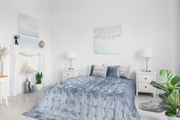 蓝色的床和靠垫之间的橱柜和灯在白色的卧室内部与海报。真实的照片图片下载