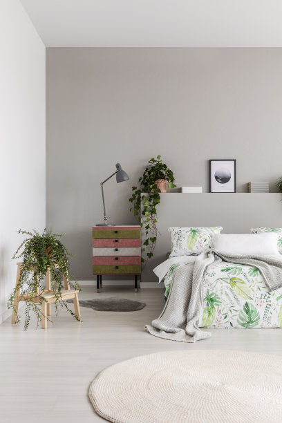 彩色的橱柜与灰色的灯在明亮的卧室室内的真实照片新鲜的植物，床上有叶床上用品和毯子和两个地毯图片下载