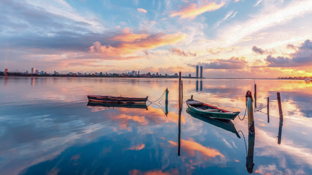 美丽的日出与船停泊在皮纳盆地的绘画效果图片下载