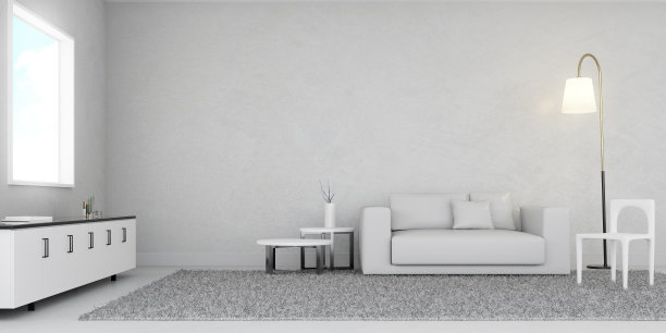 在强化地板上有家具的空房间空间的观点。极简设计建筑的视角。阳光在墙上投下阴影。3 d渲染。图片下载