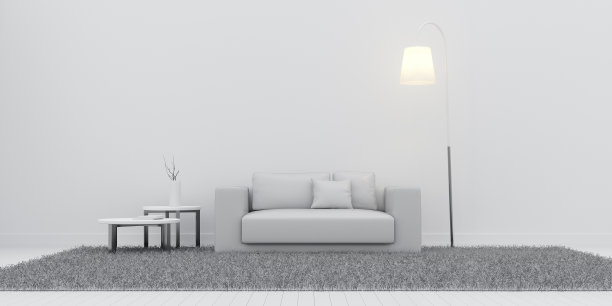 在强化地板上有家具的空房间空间的观点。极简设计建筑的视角。阳光在墙上投下阴影。3 d渲染。图片下载