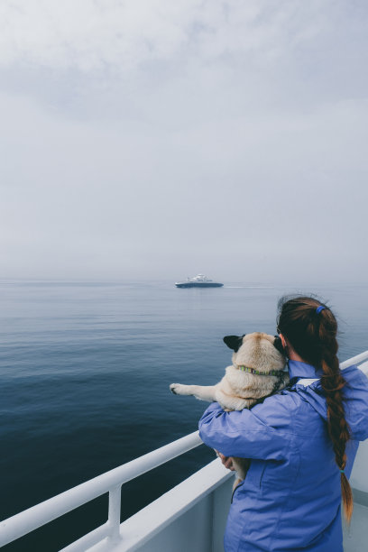 在挪威渡海时，女人和狗看着大海图片下载