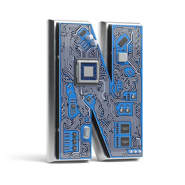 线路板形式的字母N。数字高科技字母孤立在白色。三维演示图片下载