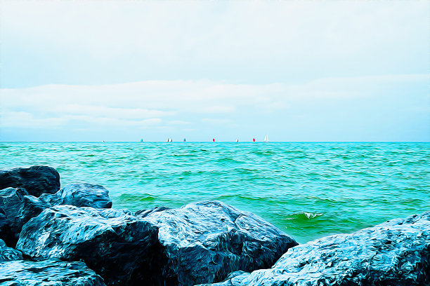 在蓝绿色的海洋中航行。海平线上的彩帆。油画的背景。图片下载