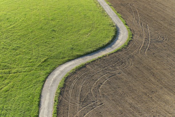 草地和田野之间小路的鸟瞰图。图片下载