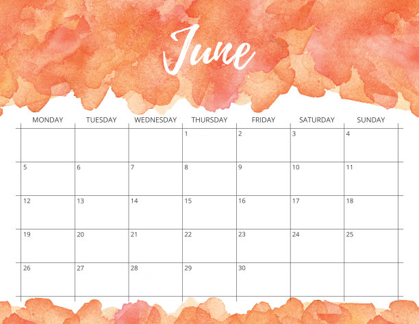 6月水彩日历。图片下载