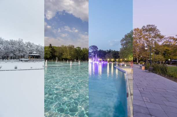 四季的概念。四季对城市环境的影响。一年内拍摄的一个地方的四张照片，无缝地融合在一个摄影合成中。图片下载