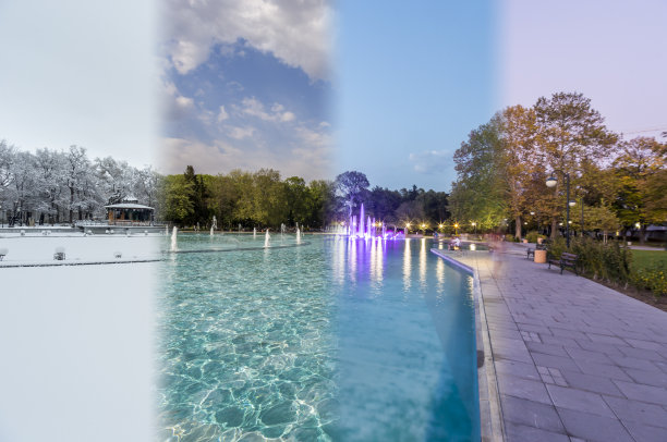 四季的概念。四季对城市环境的影响。一年内拍摄的一个地方的四张照片，无缝地融合在一个摄影合成中。图片下载