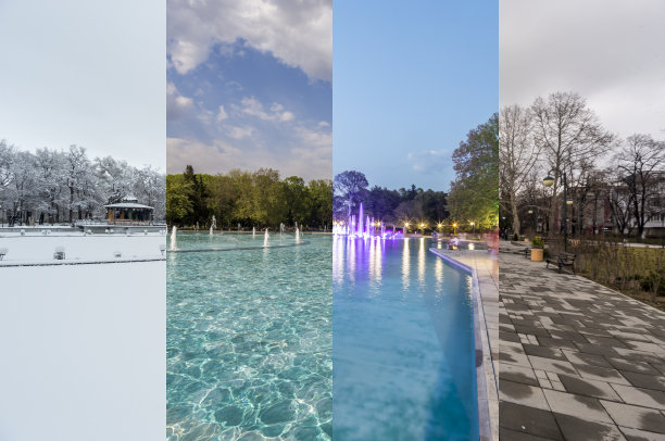 四季的概念。四季对城市环境的影响。一年内拍摄的一个地方的四张照片，无缝地融合在一个摄影合成中。图片下载