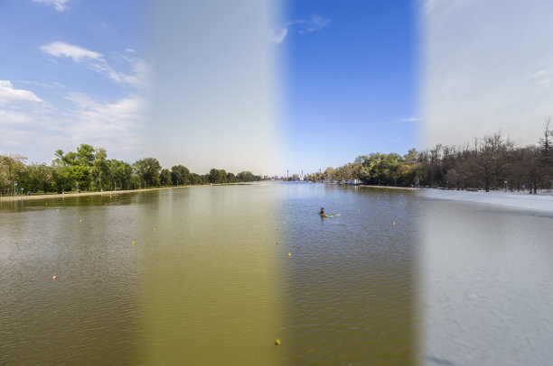 四季的概念。四季对城市环境的影响。一年内拍摄的一个地方的四张照片，无缝地融合在一个摄影合成中。图片下载