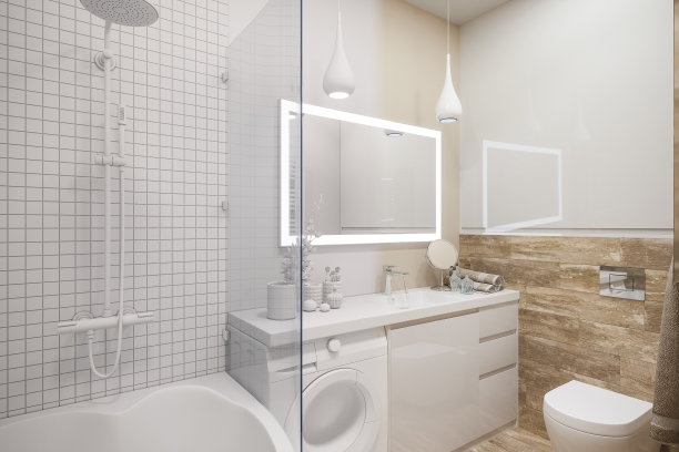 一个白色极简主义浴室的室内设计的3d插图。现代斯堪的纳维亚风格的室内设计。没有纹理和材料的浴室图片下载