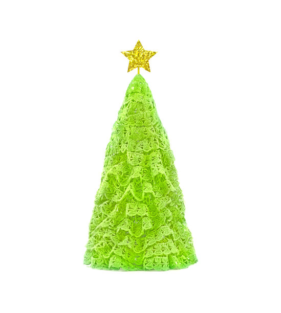 钩针绿色圣诞树由织物羊毛与金色的星星。新年快乐理念。图片下载