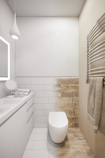 一个白色极简主义浴室的室内设计的3d插图。现代斯堪的纳维亚风格的室内设计。没有纹理和材料的浴室图片下载