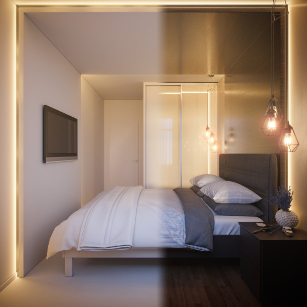 一个白色极简主义卧室的室内设计的3d渲染。斯堪的纳维亚室内设计风格。图片下载