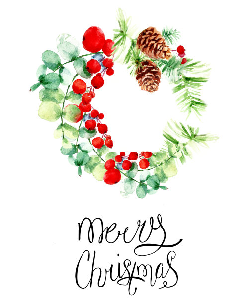 圣诞花环与冬青浆果，松枝与锥和问候字母书法。图片下载