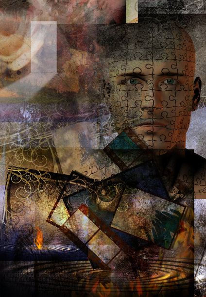 复杂的抽象。人的脸上有拼图图案。打开了另一个维度的大门图片下载