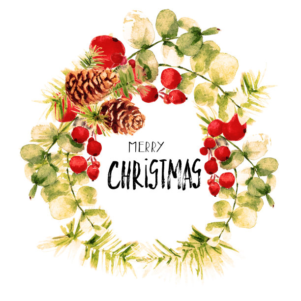 圣诞复古花环与松枝，锥，冬青浆果和问候字母书法。图片下载