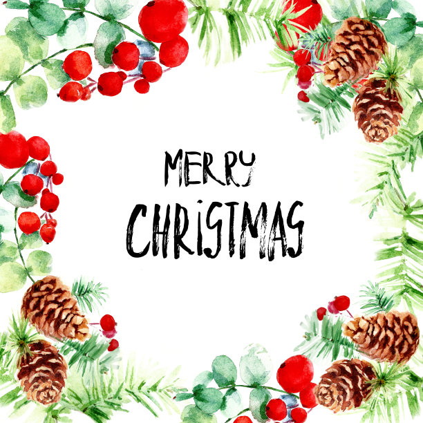 圣诞框架花环与松枝，锥，冬青浆果和问候字母毛笔书法。图片下载