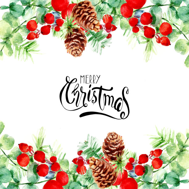 圣诞框架与松枝，球果，冬青浆果和问候字母书法。图片下载
