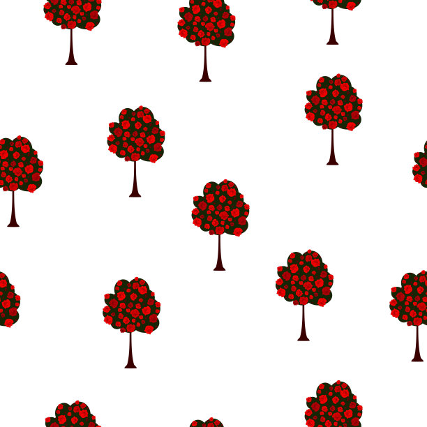 无缝花型绿色树木与红色玫瑰在白色，向量eps 10图片下载