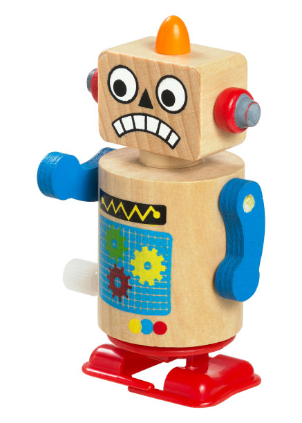 木制发条机器人孤立在白色上图片下载