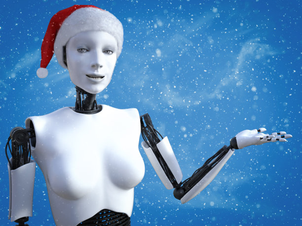 戴圣诞老人帽子的女性机器人的3D渲染。图片下载